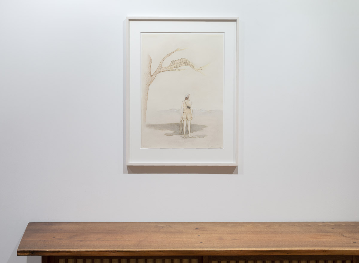 Birgit Jürgenssen,<i> Gefharen lauern berall/Danger lurks everywhere,</i> 1976, pencil, colored pencil on handmade paper, heightened on white, 24 1/4 x 17 3/8 inches (61.5 x 44 cm)