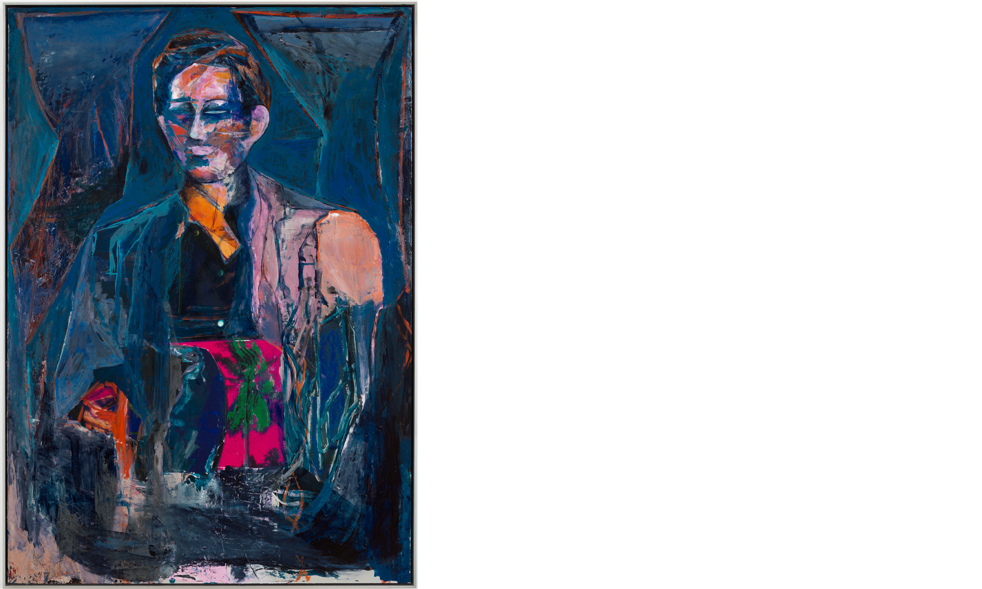 <i>Portrait / Burning Palm</i>, 2016, Oil paint, oil stick, felt pen, silkscreen ink and varnish on aluminum panel, 39 3/8 x 27 1/2 inches (100 x 70 cm).<br>