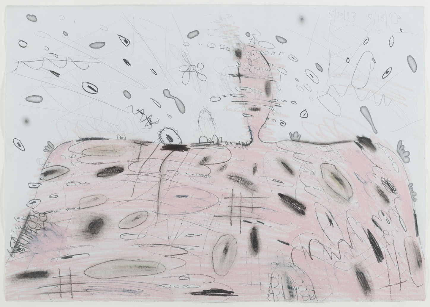 <i>Pink Mound with Eruption (5/18/93, 5/19/93)</i>, 1993, wax crayon and graphite on paper,19 5/8 x 28 inches (49.8 x 71.1 cm)